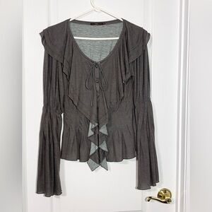 Anthropologie Hazel Ruffle Bell Sleeve Button Blouse Taupe M